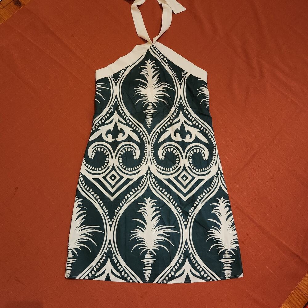 Women’s Green & White Sleeveless Halter Midi Sheath Dress Hawaiian Roman Summer